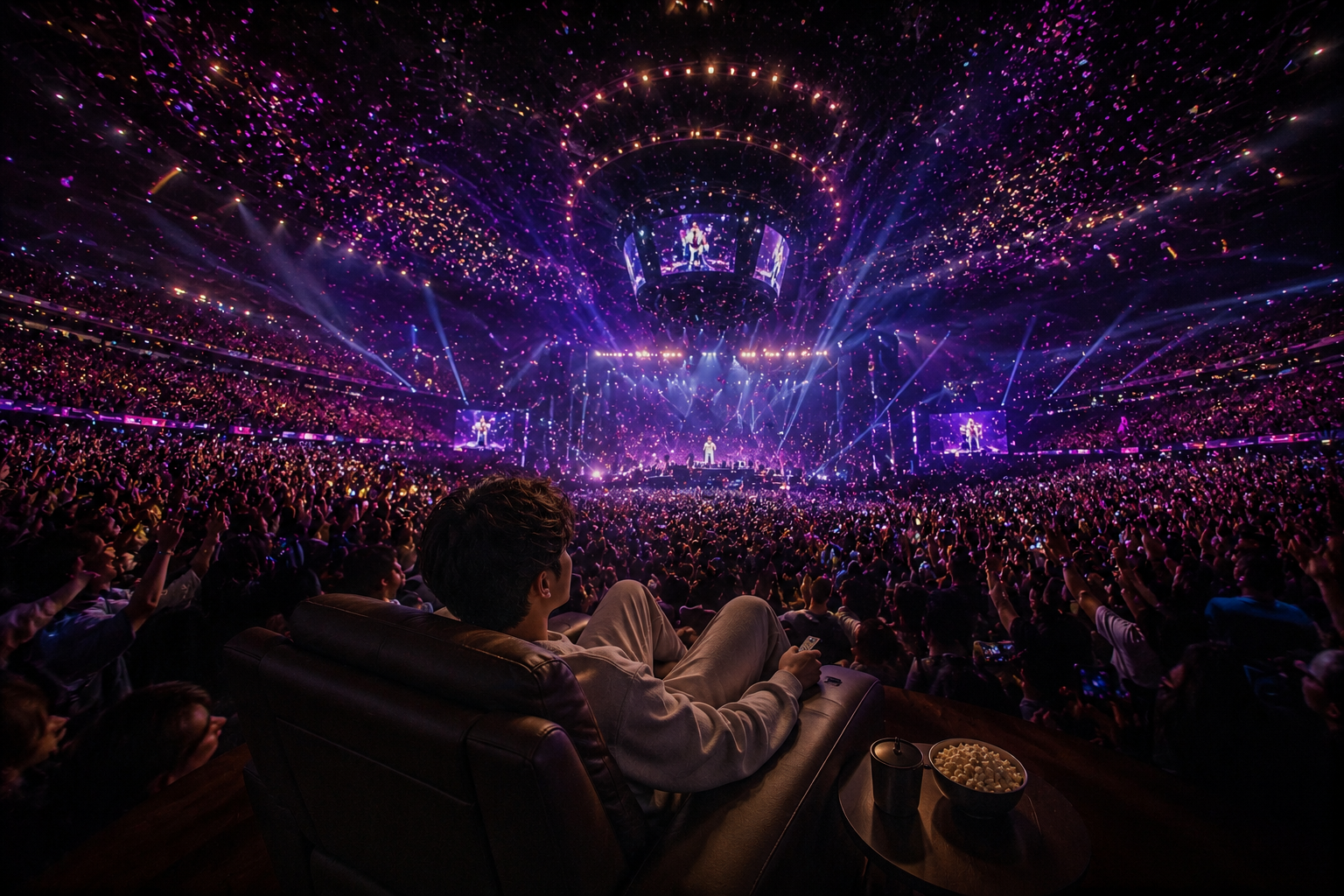 Concert film experience in a private cinema with immersive surround sound and live-concert atmosphere